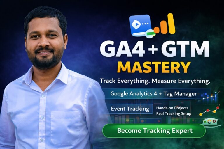 GA4 and GTM mastery course thumbnail featuring Ankit Kumar Sen with Google Analytics 4 and Tag Manager tracking concepts