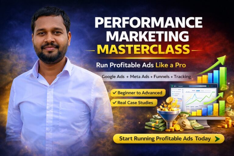 Performance marketing masterclass thumbnail featuring Ankit Kumar Sen with Google Ads Meta Ads funnels and tracking concepts for running profitable ads